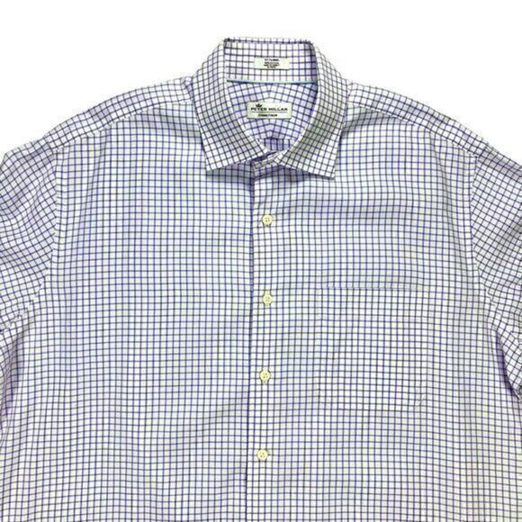 Peter Millar Dress Shirt Mens Sz 17 Long White Purple Plaid Cotton Button Front - Picture 3 of 16